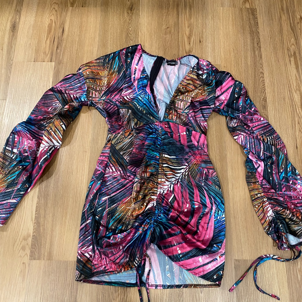 Multi Palm Print Satin Plunge Ruched Front Dress Worn Once